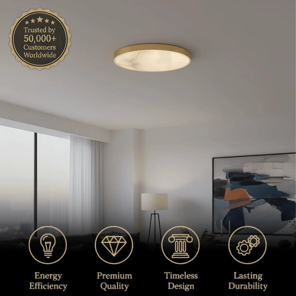Excelis Modern Alabaster Disc Ceiling Light – Solid Brass Frame Warm Ambient Glow
