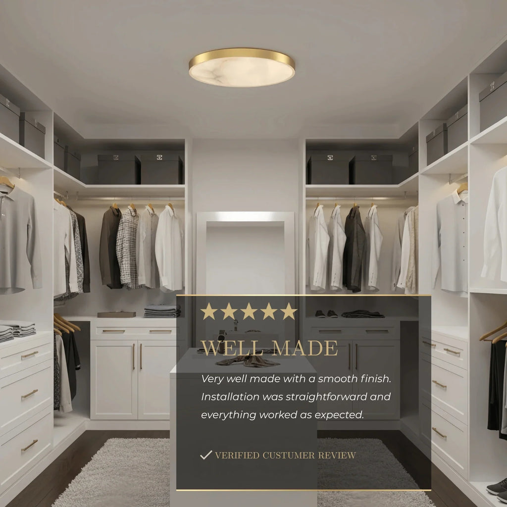 Excelis Modern Alabaster Disc Ceiling Light – Solid Brass Frame Warm Ambient Glow