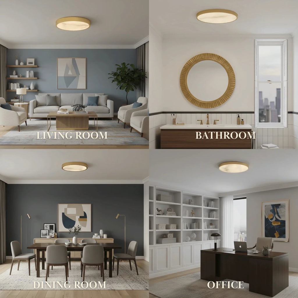 Excelis Modern Alabaster Disc Ceiling Light – Solid Brass Frame Warm Ambient Glow