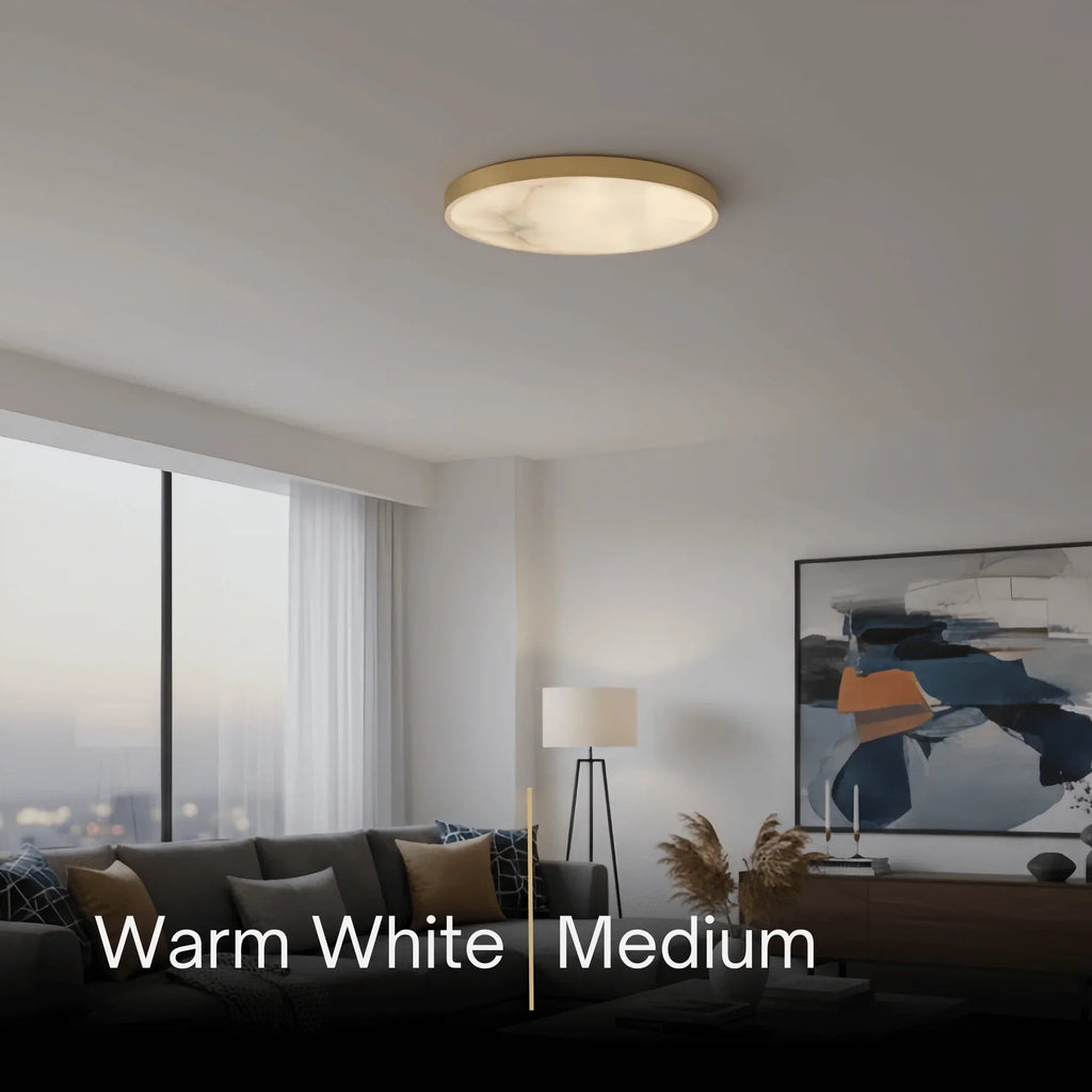 Excelis Modern Alabaster Disc Ceiling Light – Solid Brass Frame Warm Ambient Glow
