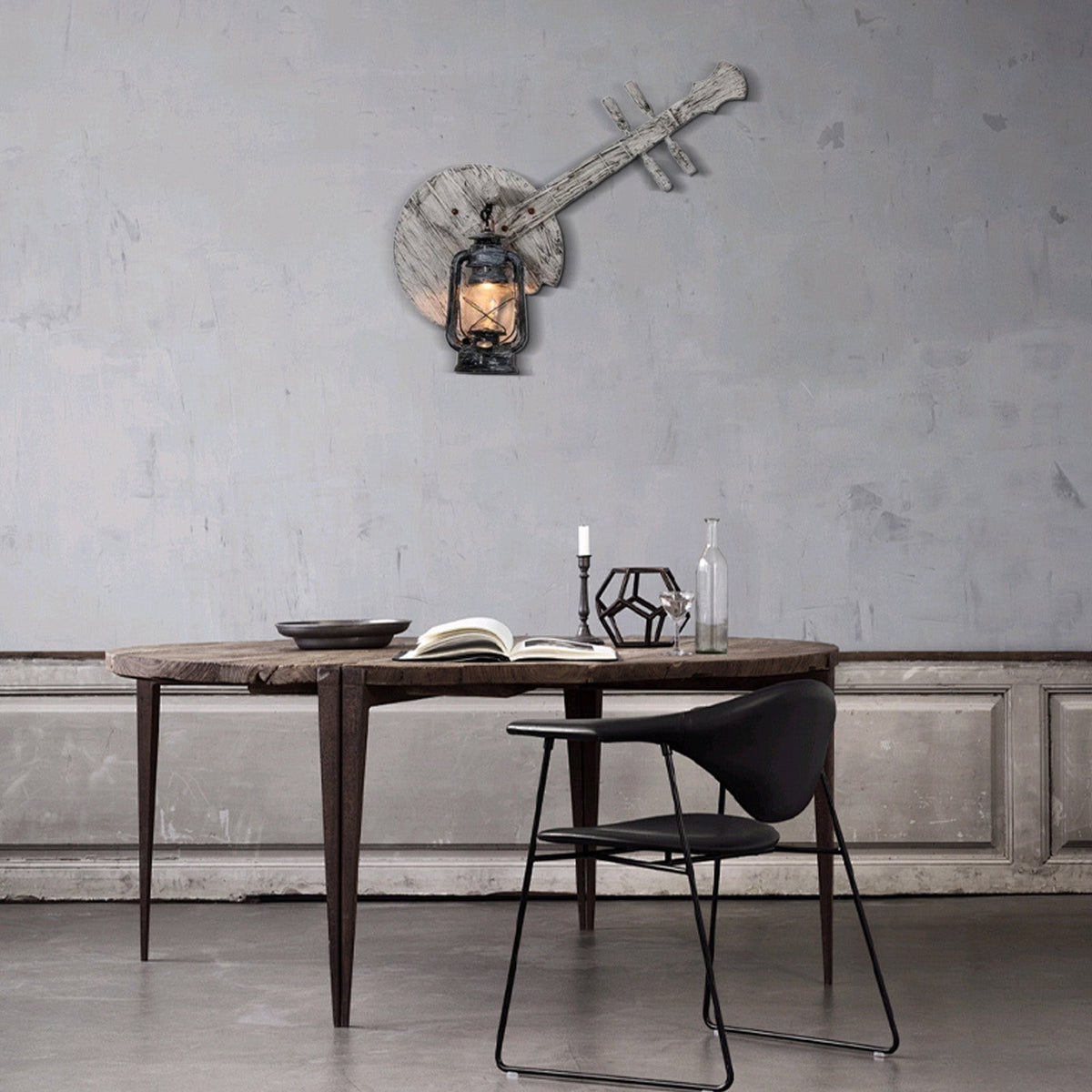 Lantern Wall Lamp — Black Metal & Wood Dining Room