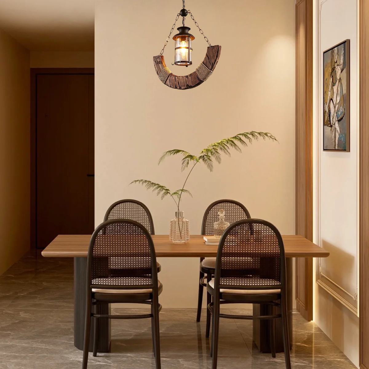 drainpangolin Irondale Rustic Arc Pendant Light — Wood & Metal & Glass Lantern Dining Room