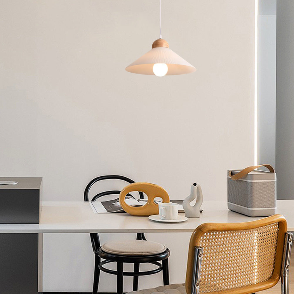Wood & Glass Pendant Light — Brown Conical Shade for Dining Room