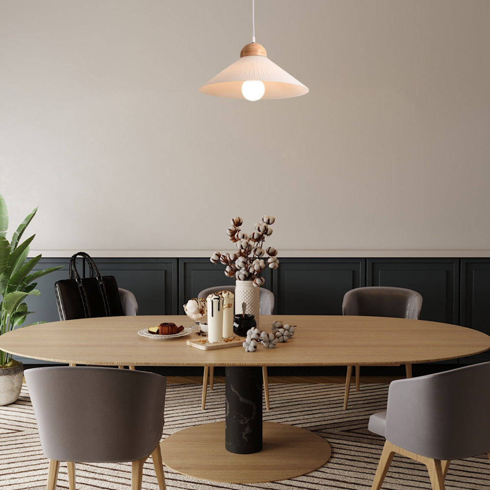 Wood & Glass Pendant Light — Brown Conical Shade for Dining Room