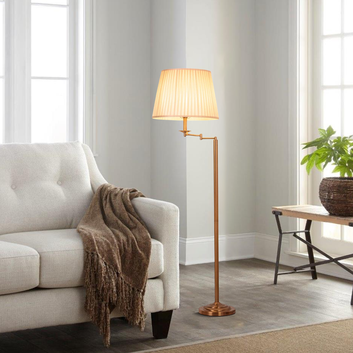 drainpangolin Lunara Modern Floor Lamp — Brass Metal & Fabric Cylinder Shade Living Room