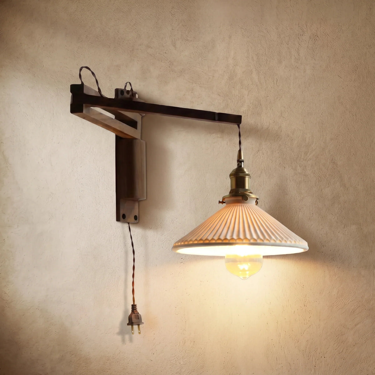 drainpangolin Irondale Vintage Conical Wall Lamp — Walnut Wood & Ceramic Shade for Bedroom