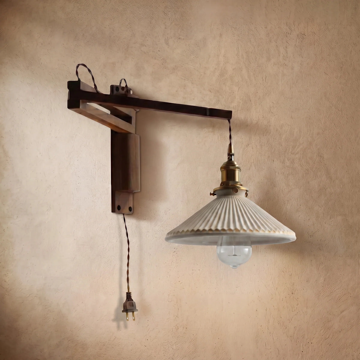 drainpangolin Irondale Vintage Conical Wall Lamp — Walnut Wood & Ceramic Shade for Bedroom