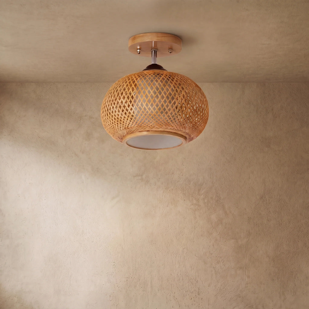 drainpangolin Bamburo Rustic Boho Rattan Ceiling Light – Bamboo Flush Mount for Hallway