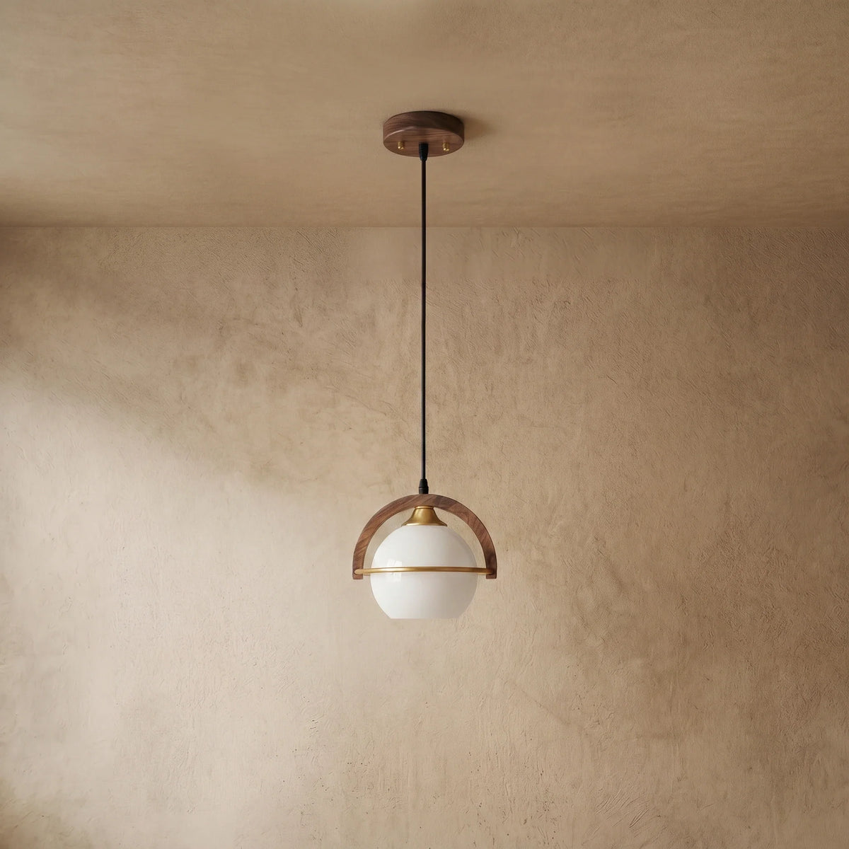 drainpangolin Zenno Modern Pendant Light — Wood & Acrylic Sphere with Metal Frame Dining Room