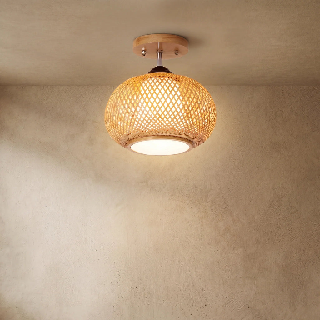 drainpangolin Bamburo Rustic Boho Rattan Ceiling Light – Bamboo Flush Mount for Hallway