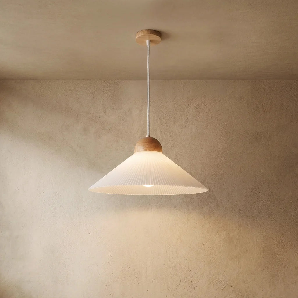 drainpangolin Crema Modern Wood & Glass Pendant Light — Brown Conical Shade for Dining Room