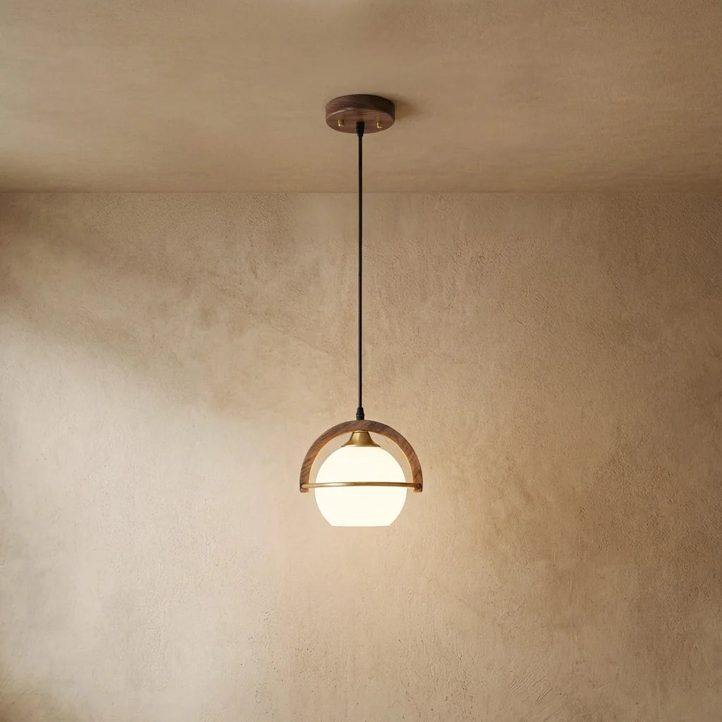 drainpangolin Zenno Modern Pendant Light — Wood & Acrylic Sphere with Metal Frame Dining Room