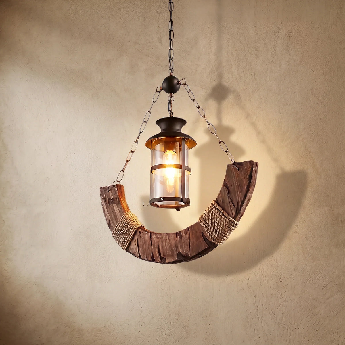 drainpangolin Irondale Rustic Arc Pendant Light — Wood & Metal & Glass Lantern Dining Room