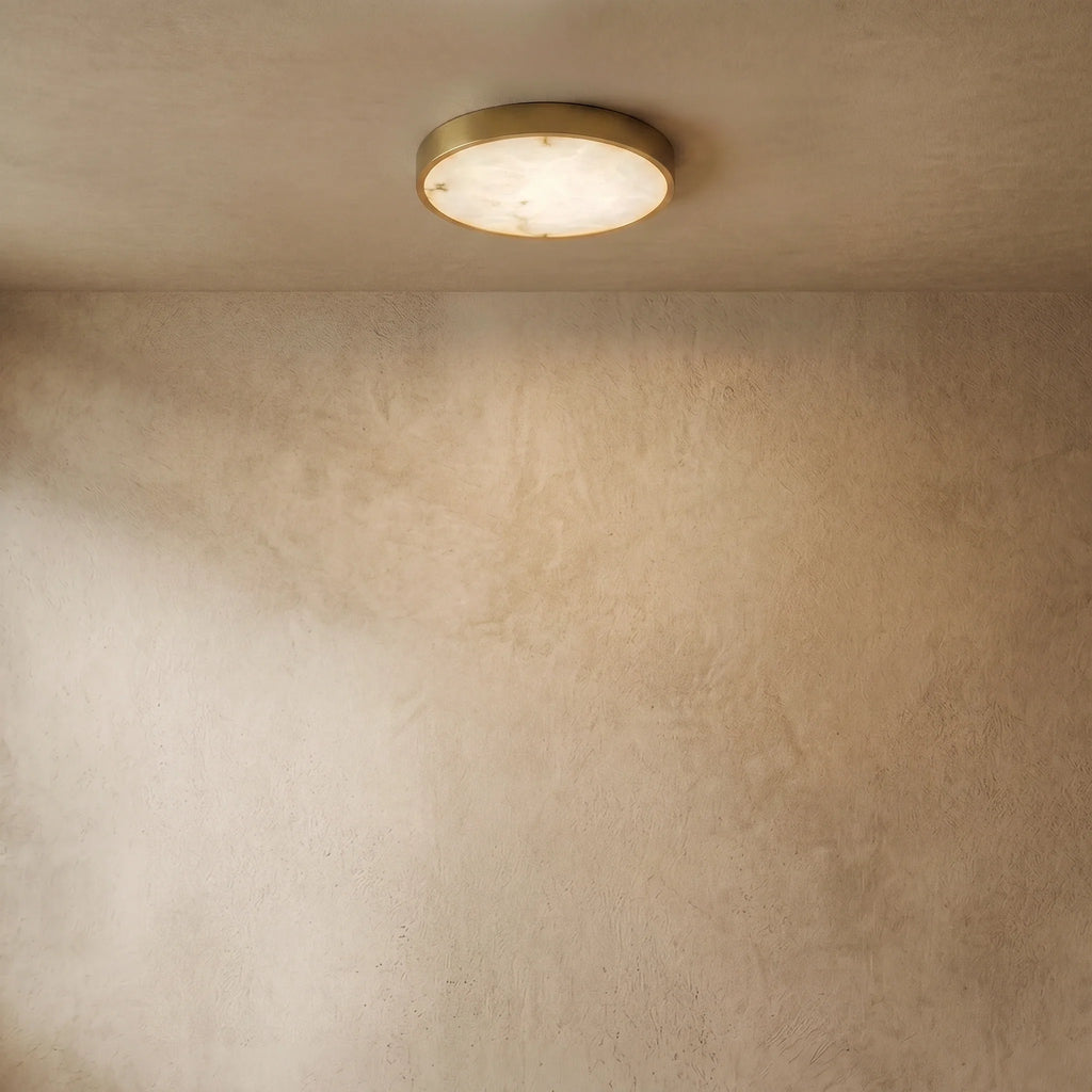 Excelis Modern Alabaster Disc Ceiling Light – Solid Brass Frame Warm Ambient Glow