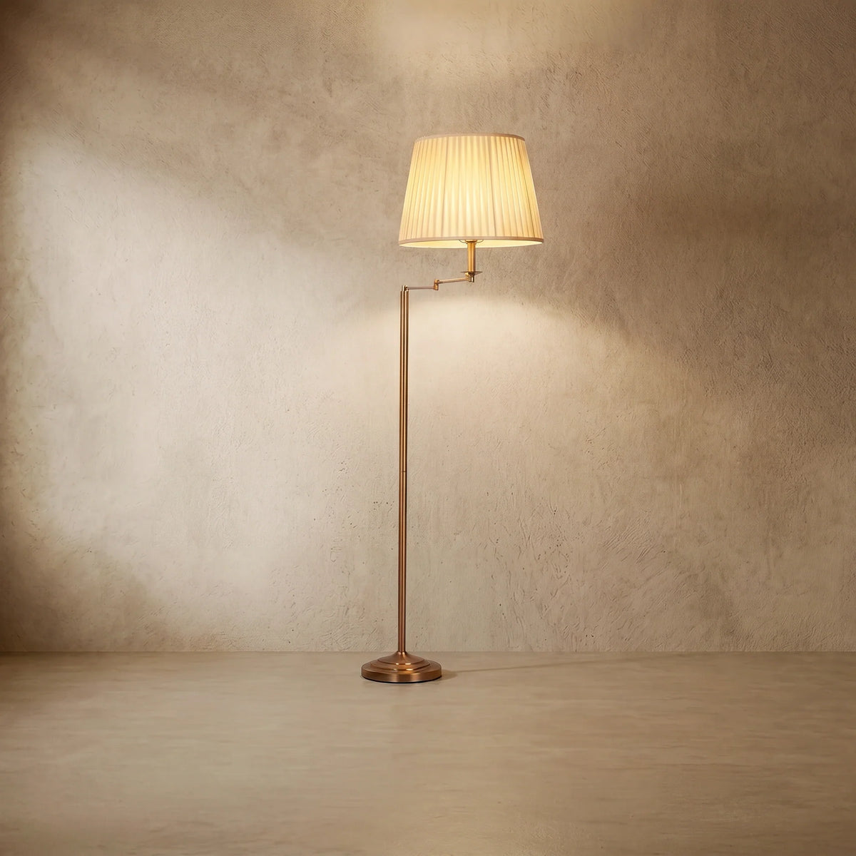 drainpangolin Lunara Modern Floor Lamp — Brass Metal & Fabric Cylinder Shade Living Room