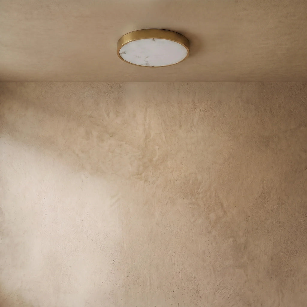 Excelis Modern Alabaster Disc Ceiling Light – Solid Brass Frame Warm Ambient Glow